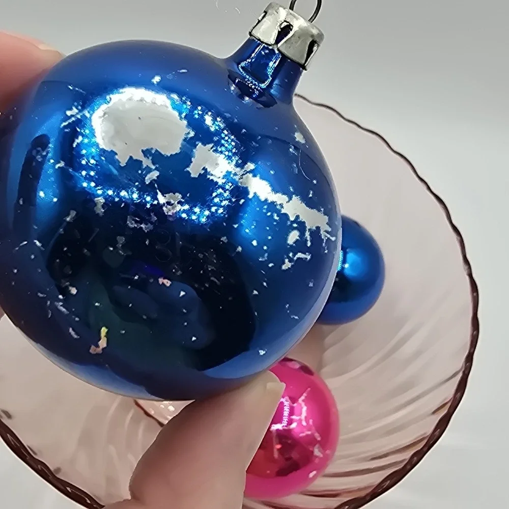 6 Vintage Poland Blue Pink Glass Christmas Holiday Ornaments Lot Set‎